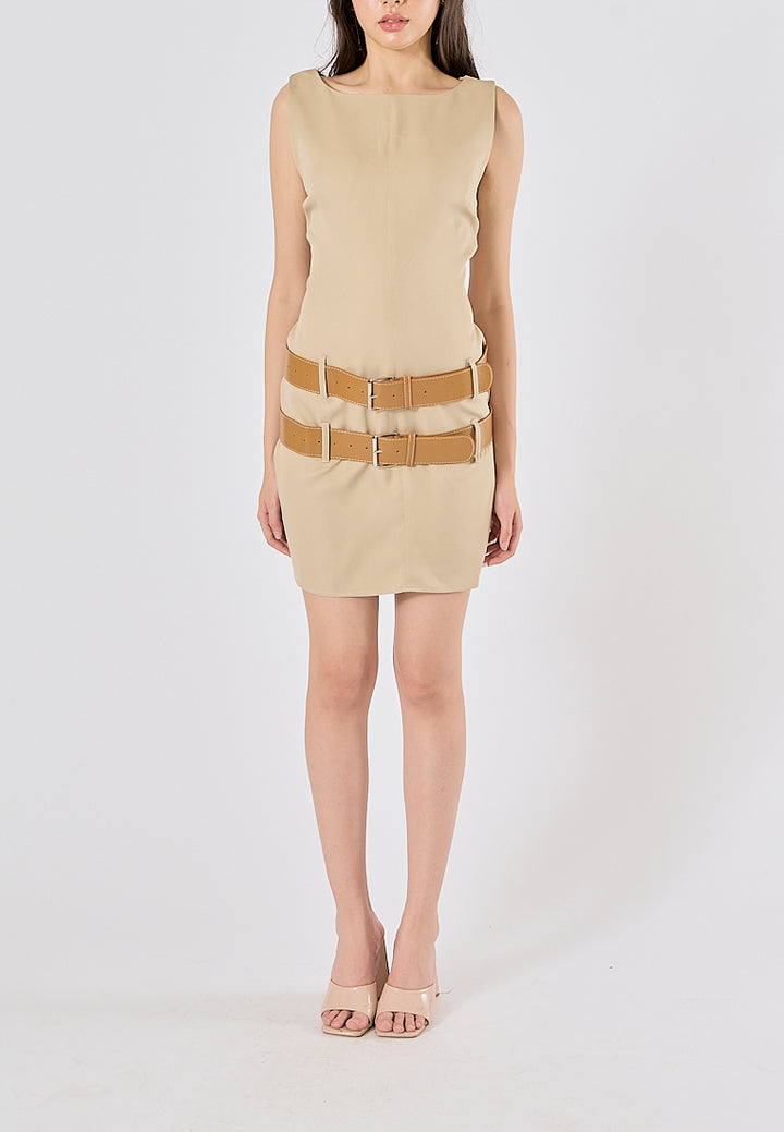 Dardrane Beige Sashes Boat Neck Neck Mini Dress