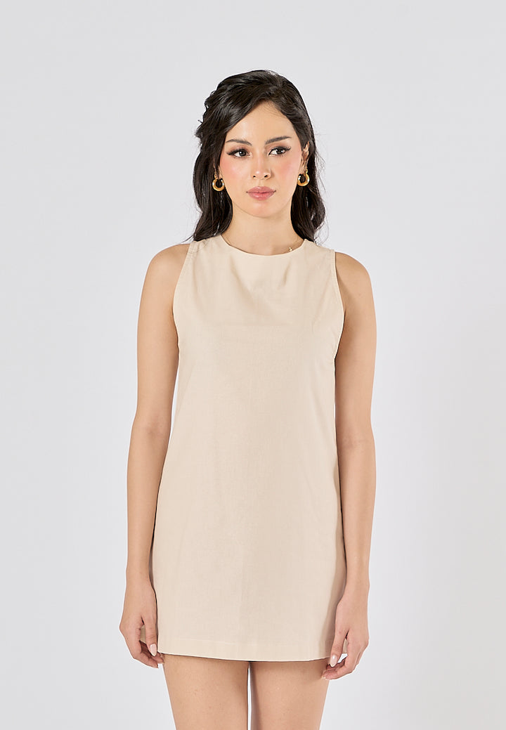 Sinta Off White Round Neck Shift Mini Dress