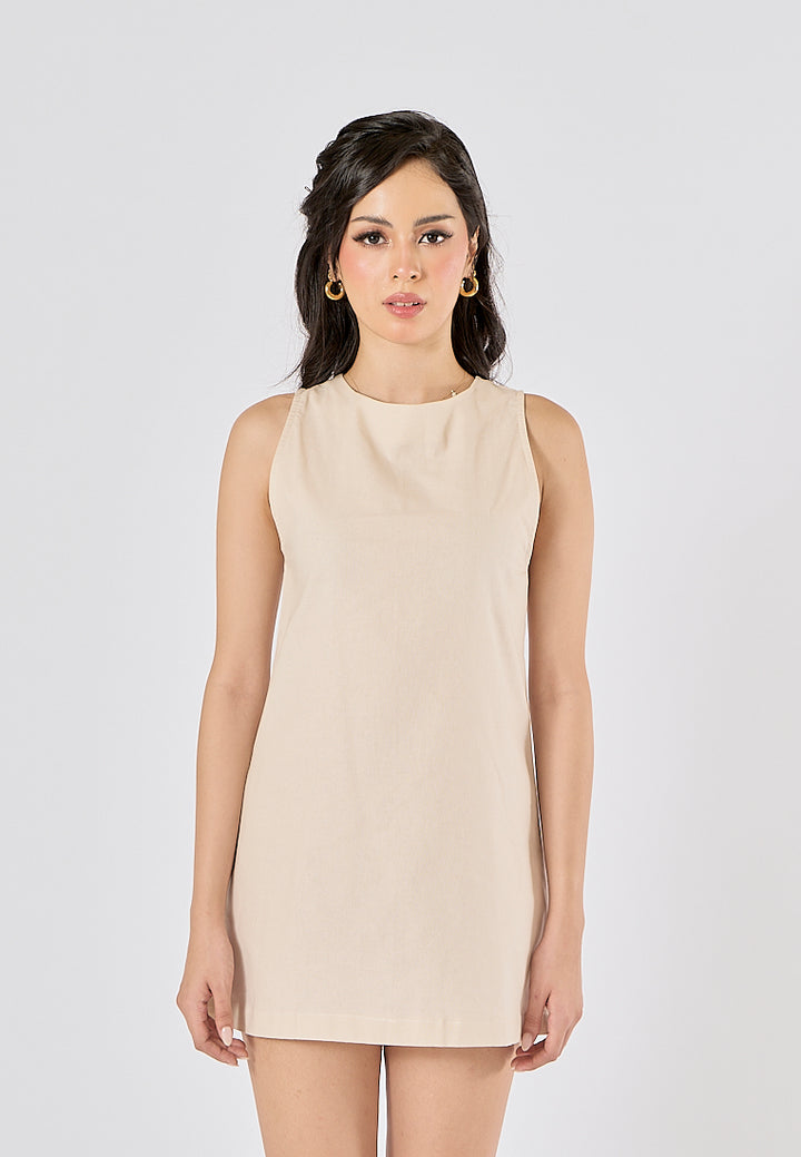 Sinta Off White Round Neck Shift Mini Dress