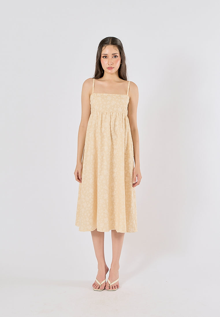 Damiana Yellow Floral Print Square Neck Smocked Back Midi Dress