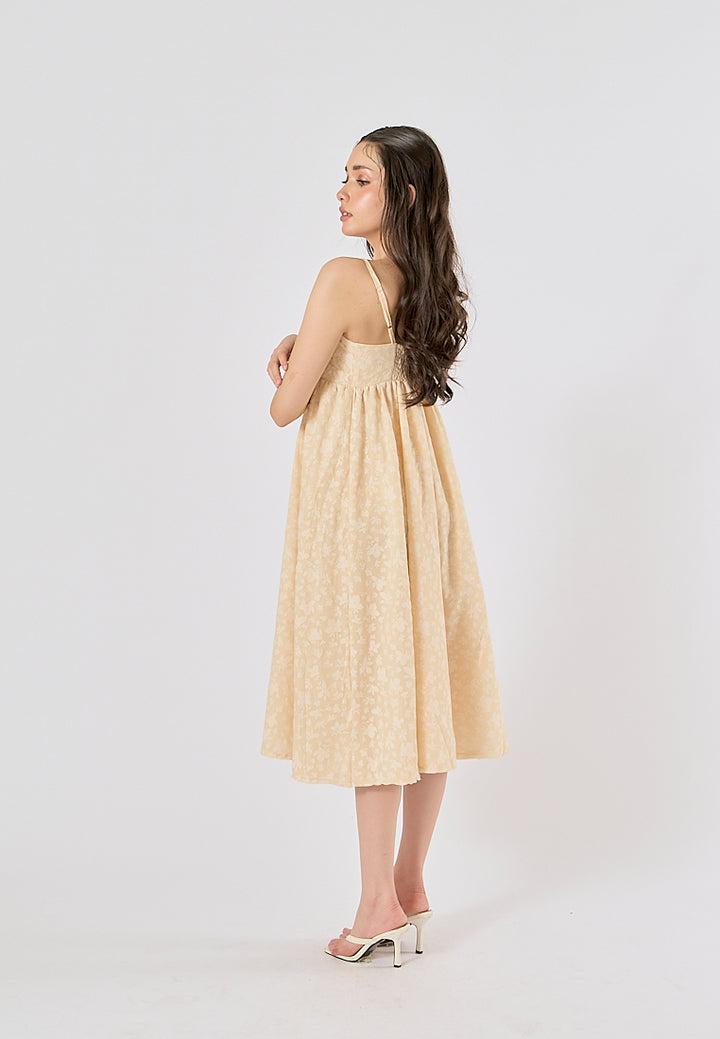 Damiana Yellow Floral Print Square Neck Smocked Back Midi Dress