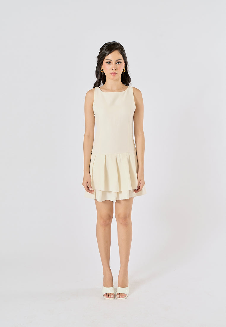 Chantrea Beige Crew Neck Pleated Mini Dress