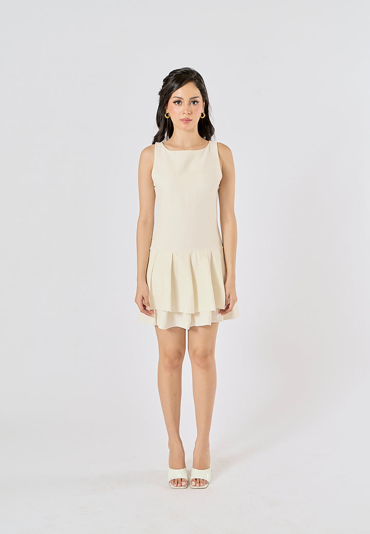 Chantrea Beige Crew Neck Pleated Mini Dress