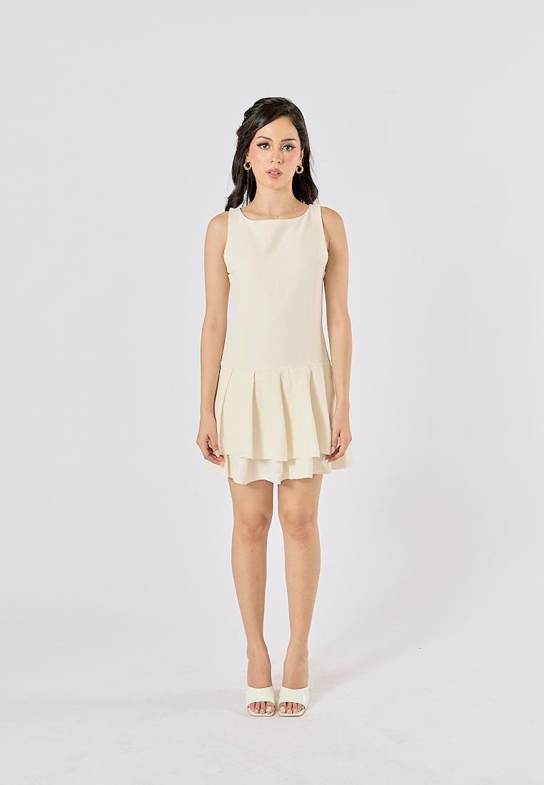 Chantrea Beige Crew Neck Pleated Mini Dress