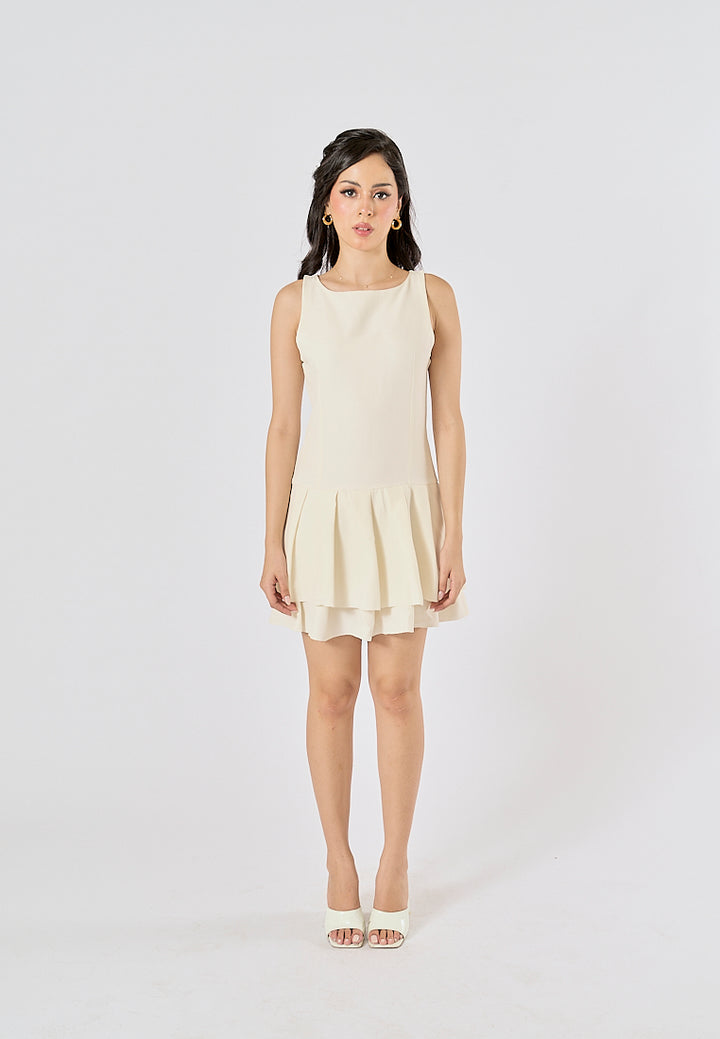 Chantrea Beige Crew Neck Pleated Mini Dress