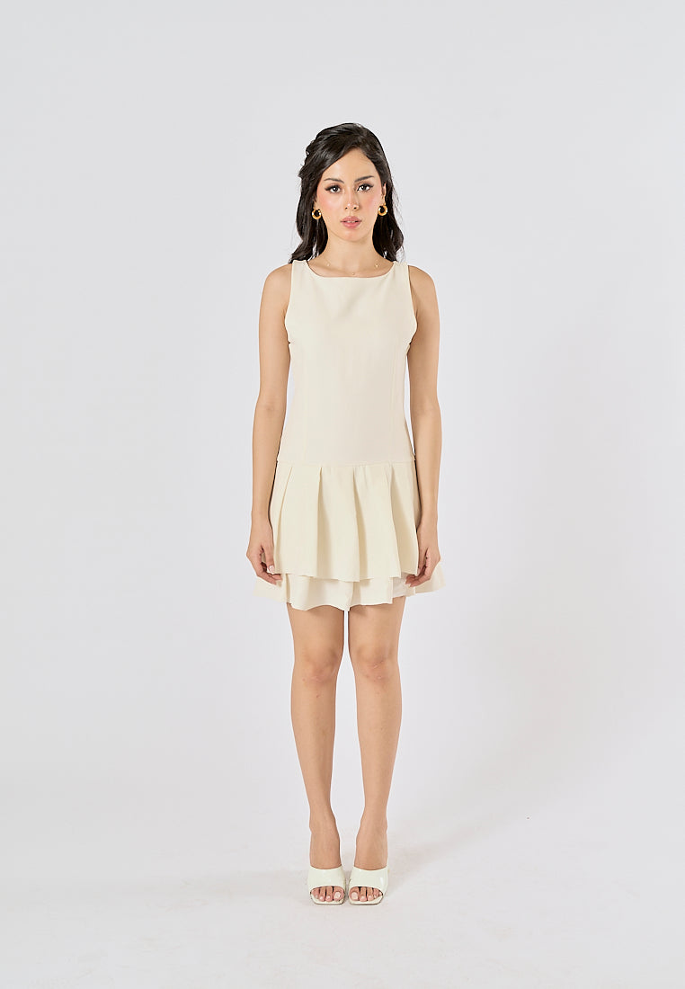 Chantrea Beige Crew Neck Pleated Mini Dress