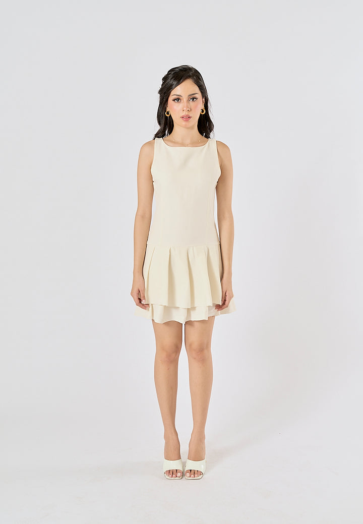 Chantrea Beige Crew Neck Pleated Mini Dress