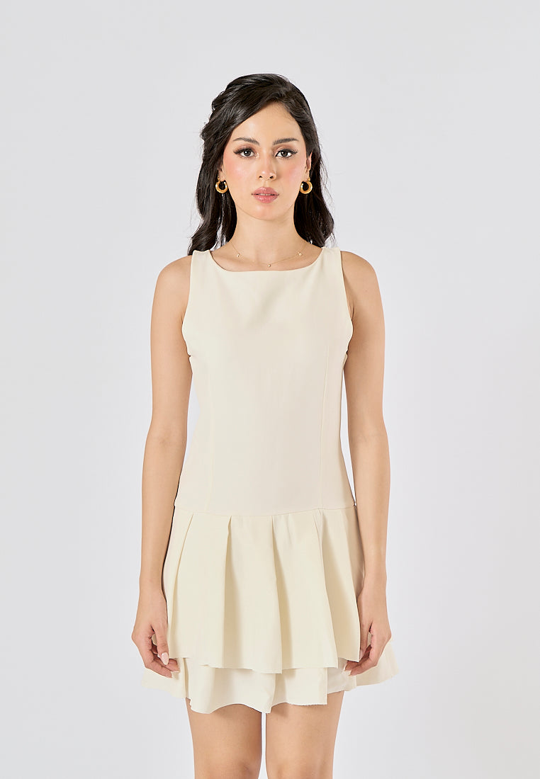 Chantrea Beige Crew Neck Pleated Mini Dress