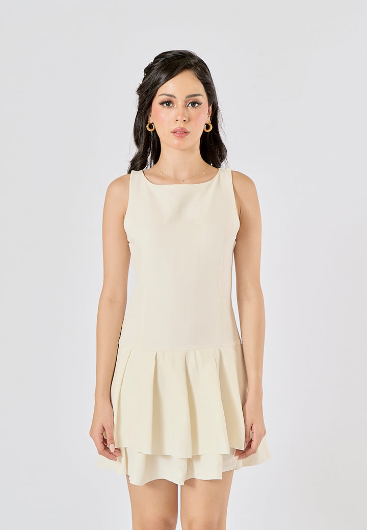 Chantrea Beige Crew Neck Pleated Mini Dress