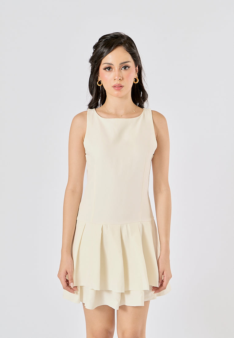 Chantrea Beige Crew Neck Pleated Mini Dress
