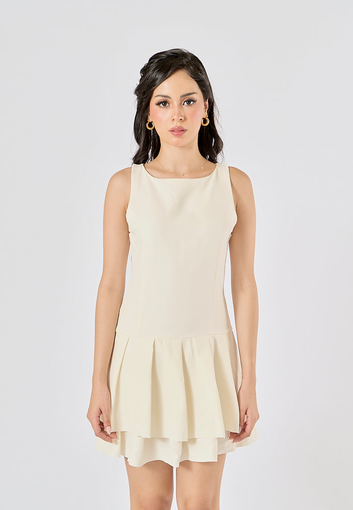 Chantrea Beige Crew Neck Pleated Mini Dress