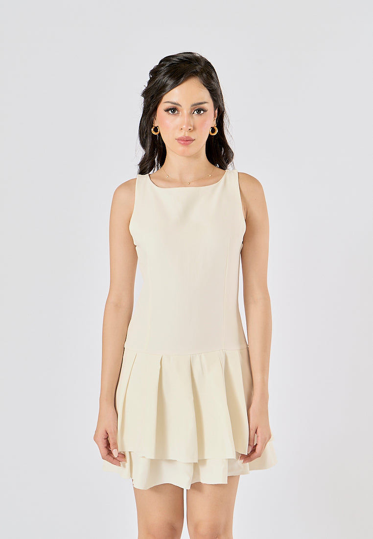 Chantrea Beige Crew Neck Pleated Mini Dress