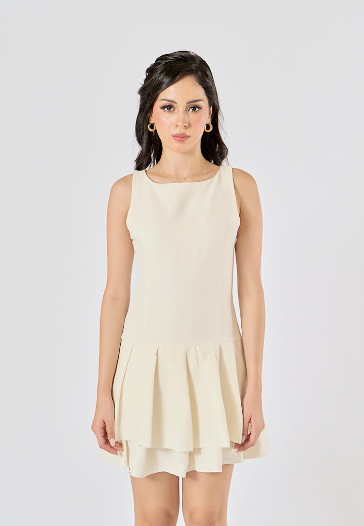 Chantrea Beige Crew Neck Pleated Mini Dress