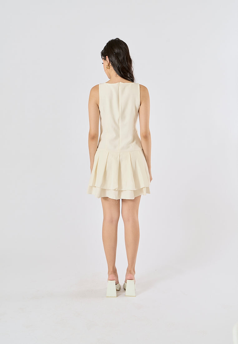 Chantrea Beige Crew Neck Pleated Mini Dress