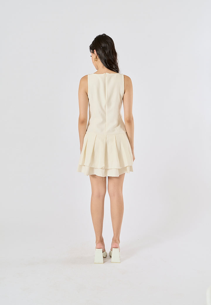 Chantrea Beige Crew Neck Pleated Mini Dress