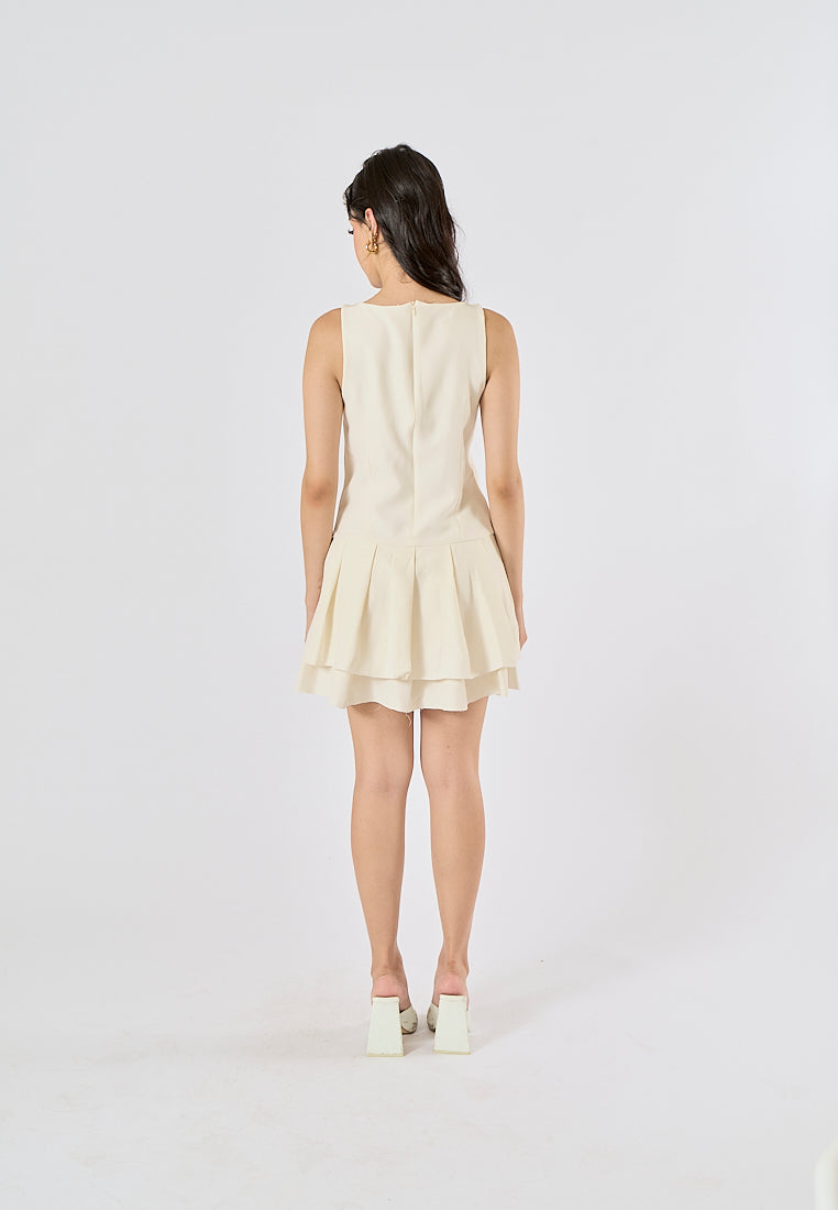 Chantrea Beige Crew Neck Pleated Mini Dress