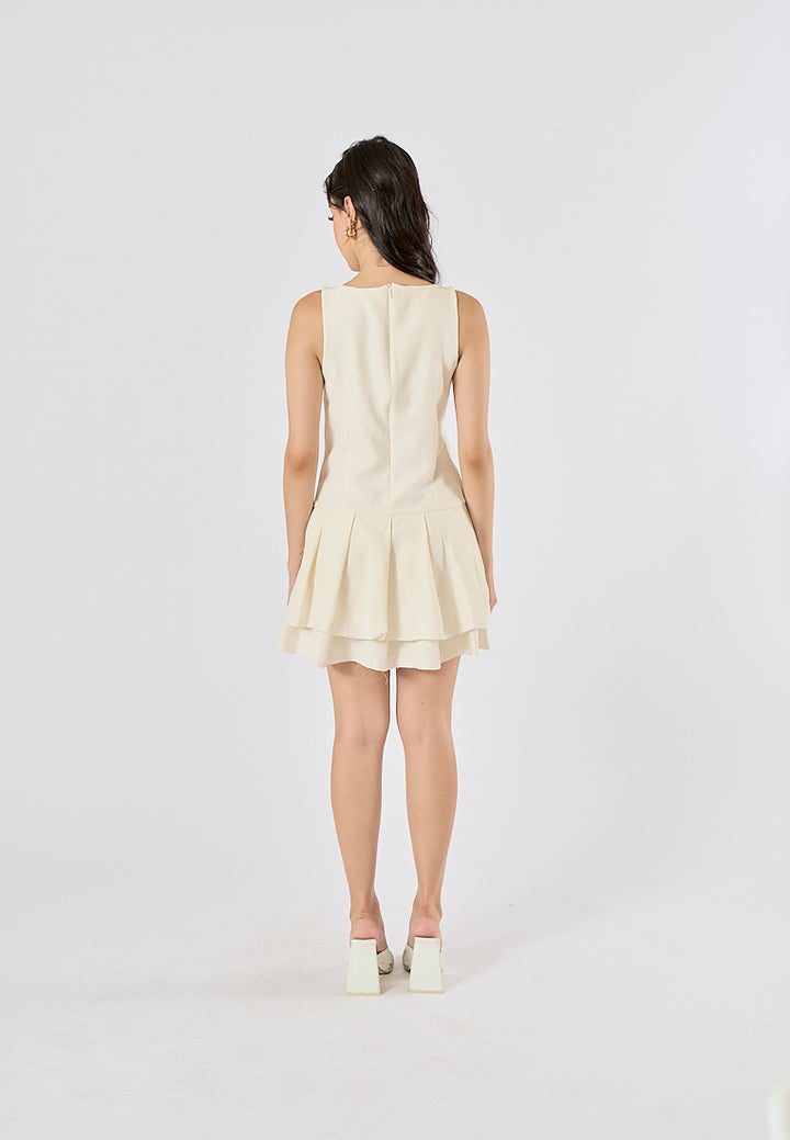 Chantrea Beige Crew Neck Pleated Mini Dress