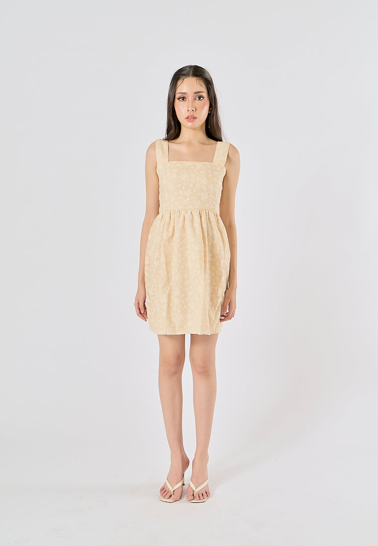 Velour Pastel Yellow Floral Print Square Neck Mini Dress