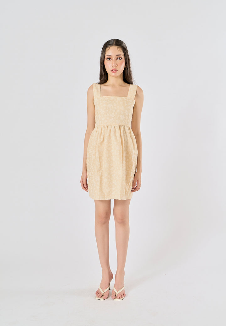 Velour Pastel Yellow Floral Print Square Neck Mini Dress