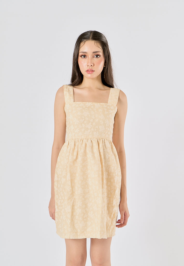 Velour Pastel Yellow Floral Print Square Neck Mini Dress