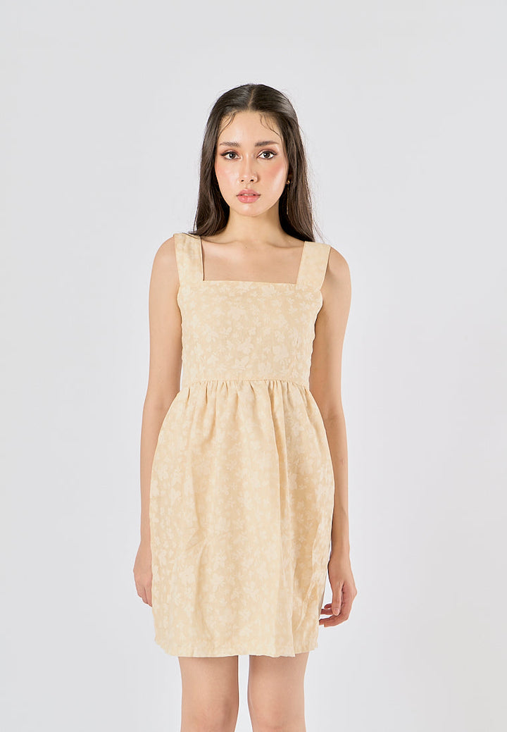 Velour Pastel Yellow Floral Print Square Neck Mini Dress