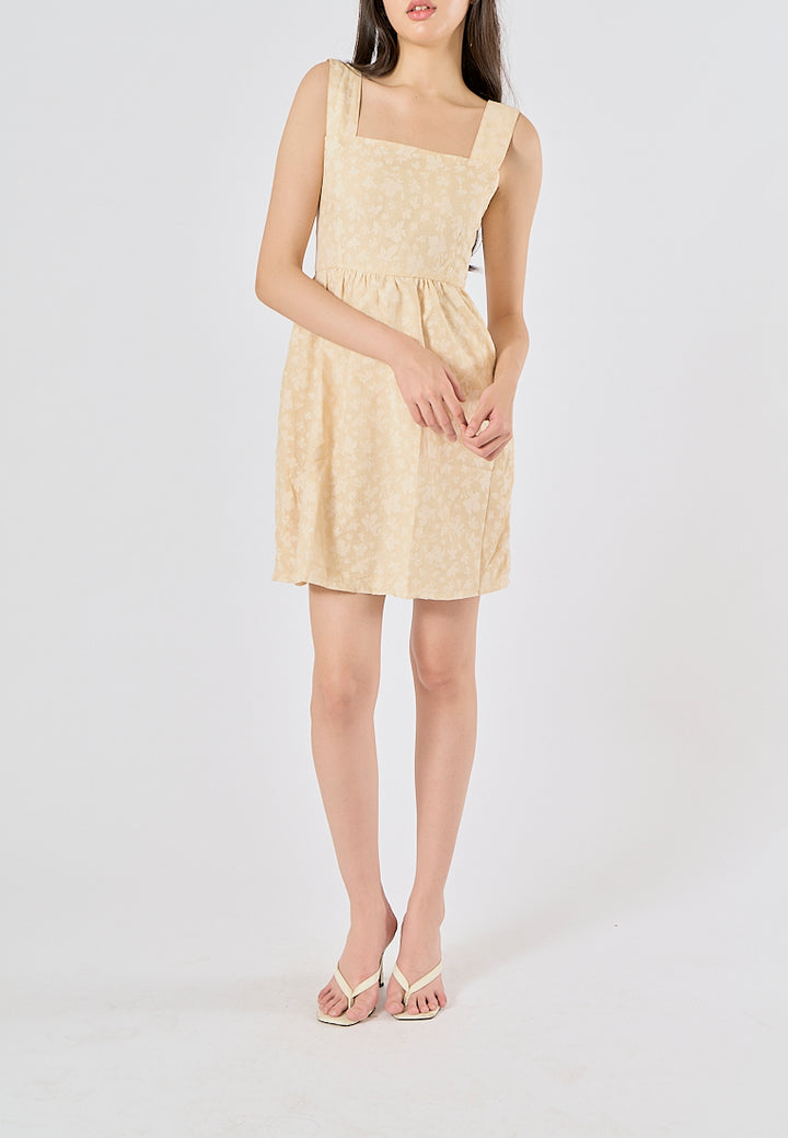 Velour Pastel Yellow Floral Print Square Neck Mini Dress