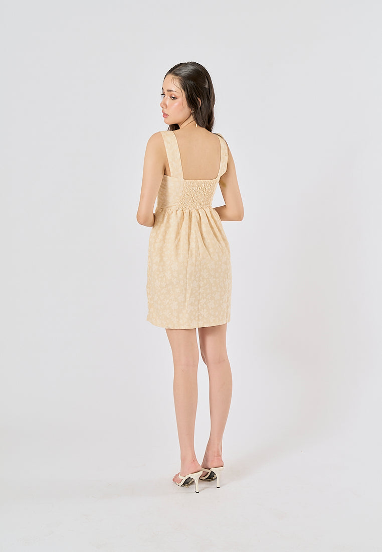 Velour Pastel Yellow Floral Print Square Neck Mini Dress