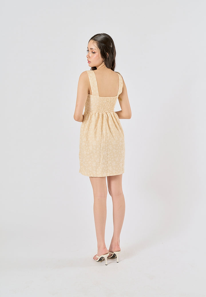 Velour Pastel Yellow Floral Print Square Neck Mini Dress