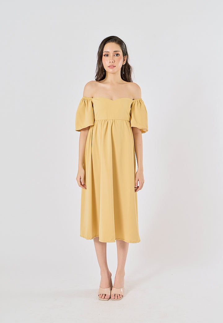 Kalina Mustard Yellow Petal Short Sleeves Smocked Back Midi Dress