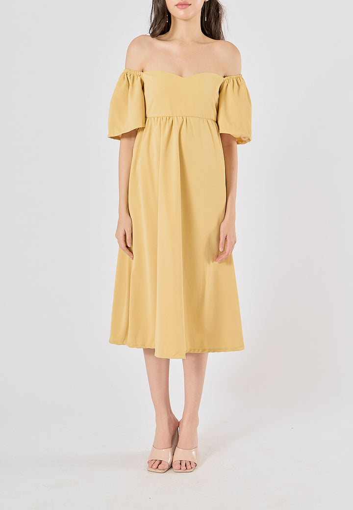 Kalina Mustard Yellow Petal Short Sleeves Smocked Back Midi Dress