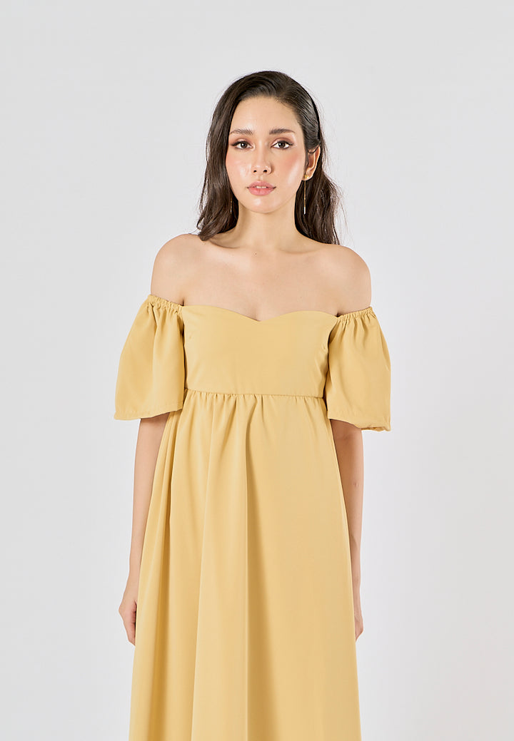 Kalina Mustard Yellow Petal Short Sleeves Smocked Back Midi Dress