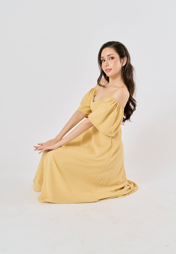 Kalina Mustard Yellow Petal Short Sleeves Smocked Back Midi Dress