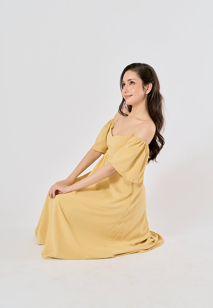 Kalina Mustard Yellow Petal Short Sleeves Smocked Back Midi Dress