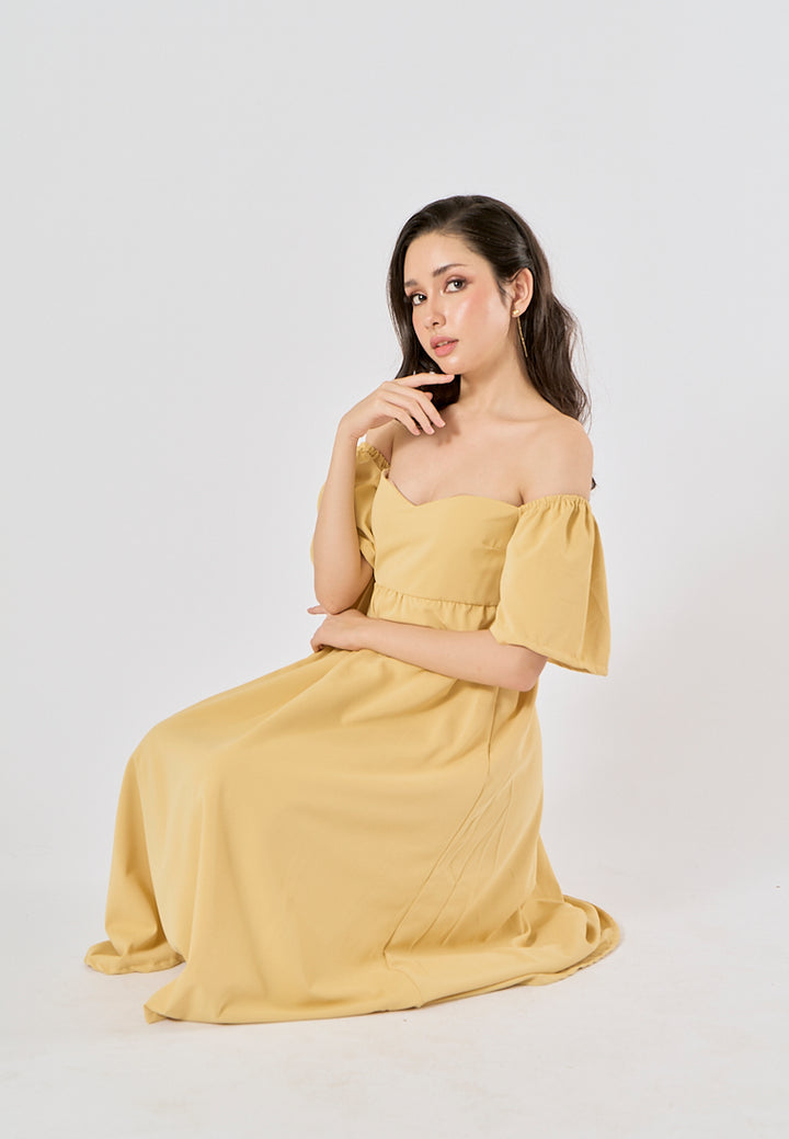 Kalina Mustard Yellow Petal Short Sleeves Smocked Back Midi Dress