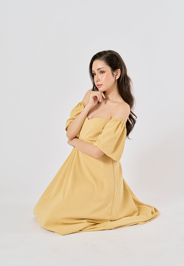 Kalina Mustard Yellow Petal Short Sleeves Smocked Back Midi Dress