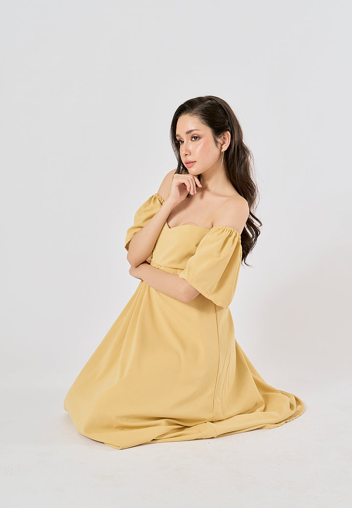 Kalina Mustard Yellow Petal Short Sleeves Smocked Back Midi Dress