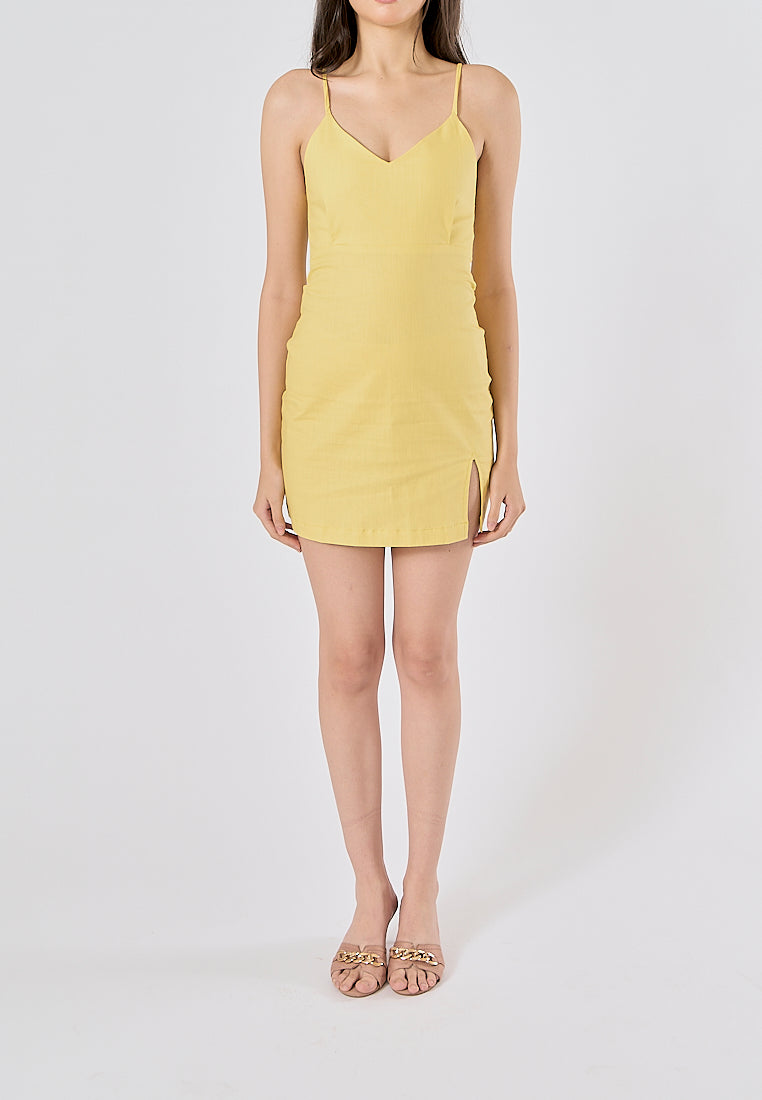 Rennata Yellow V-Neck bustier with slit mini dress