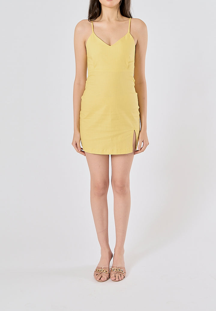 Rennata Yellow V-Neck bustier with slit mini dress