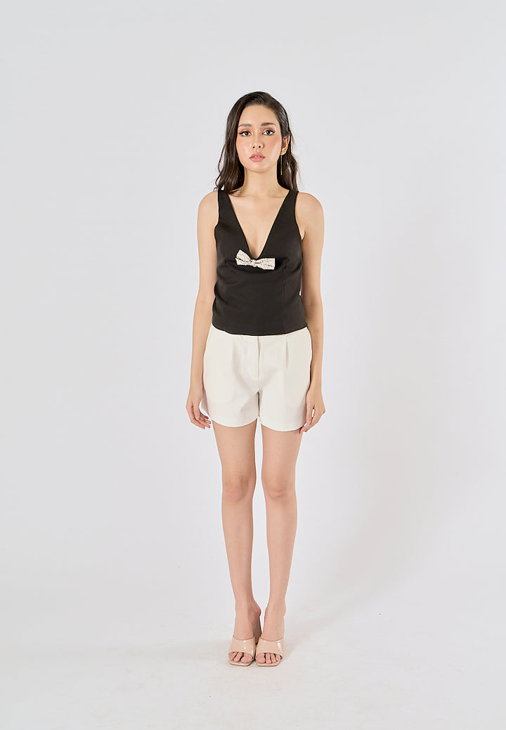 Nerys Black  Front Bow Tie W/ Beading Tank Top