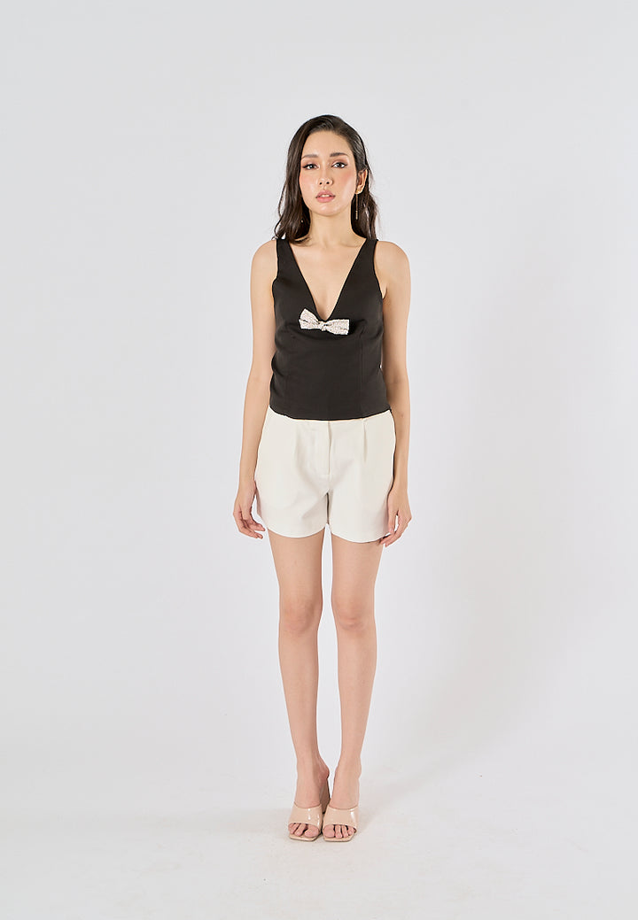 Nerys Black  Front Bow Tie W/ Beading Tank Top