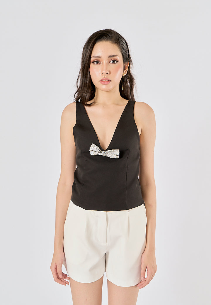 Nerys Black  Front Bow Tie W/ Beading Tank Top