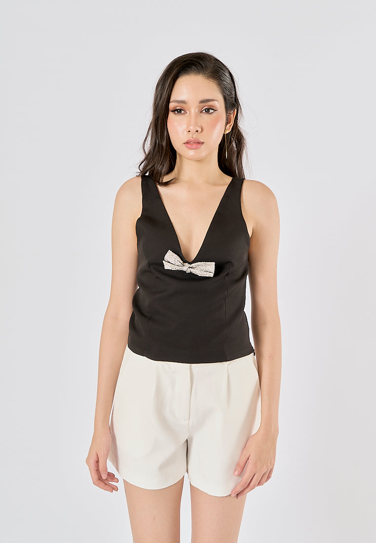 Nerys Black  Front Bow Tie W/ Beading Tank Top