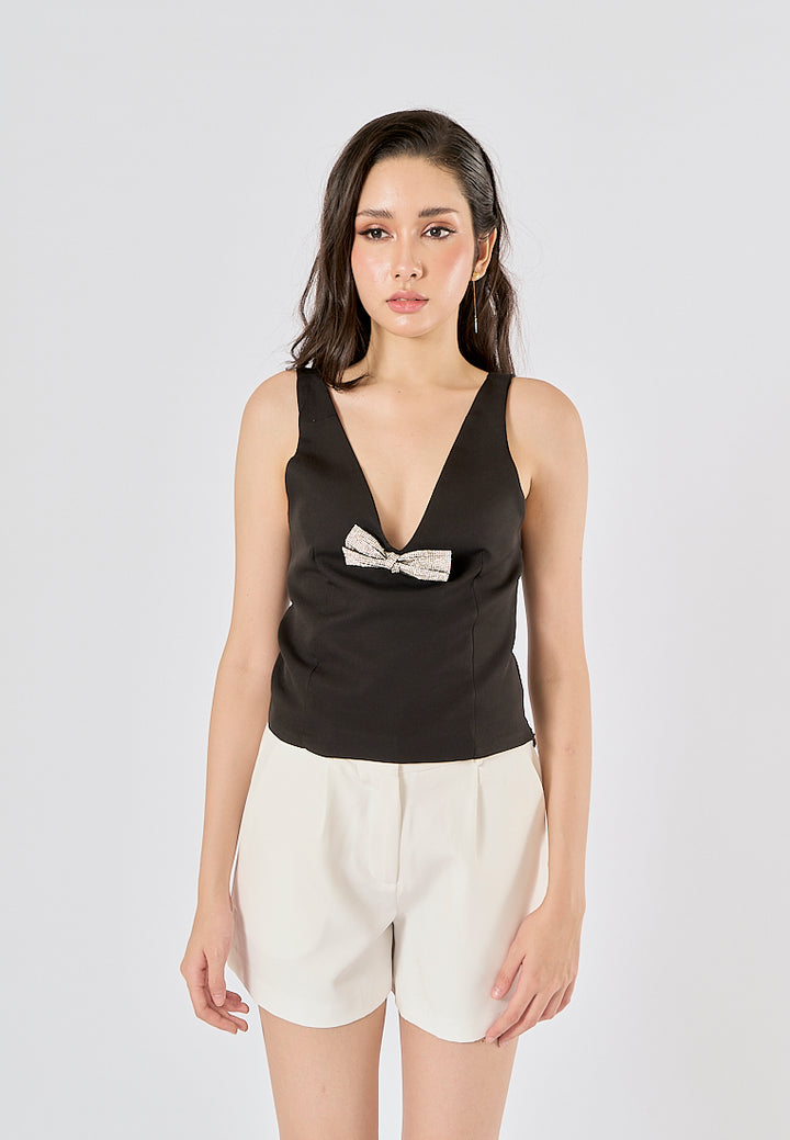 Nerys Black  Front Bow Tie W/ Beading Tank Top