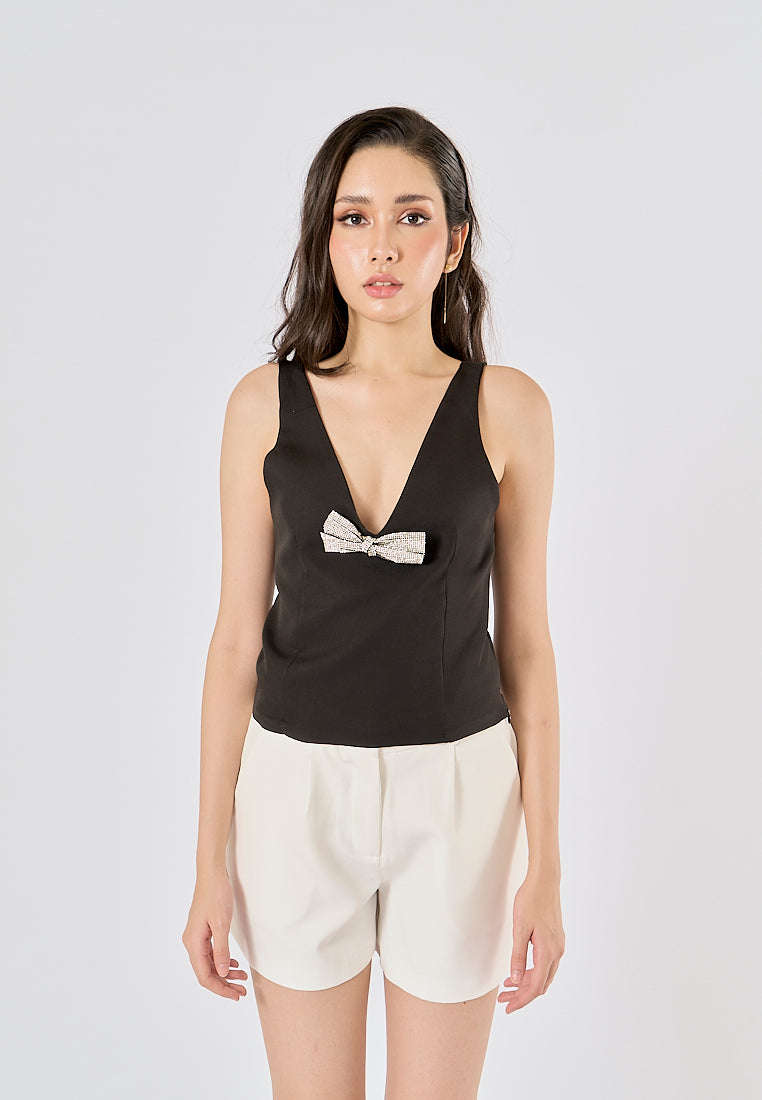 Nerys Black  Front Bow Tie W/ Beading Tank Top