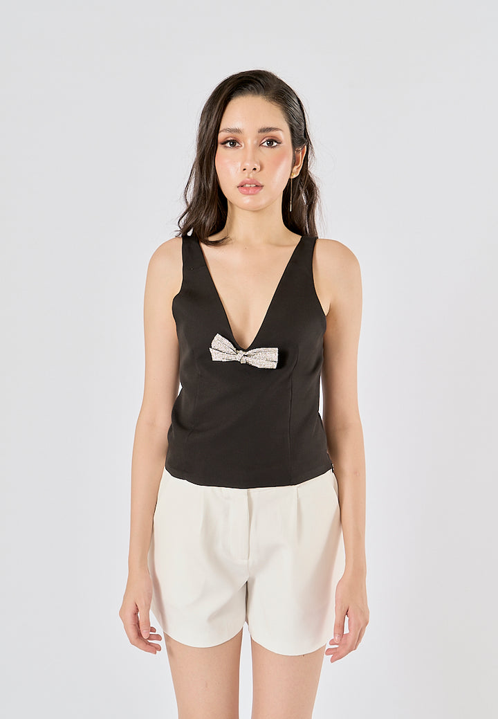 Nerys Black  Front Bow Tie W/ Beading Tank Top