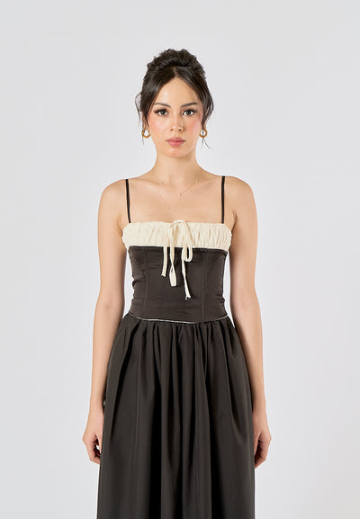 Ferris Black White Patchwork Design Front Lace up Crop Tank Top