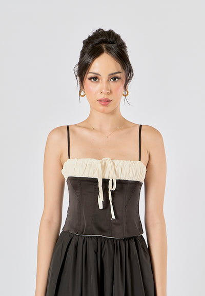 Ferris Black White Patchwork Design Front Lace up Crop Tank Top