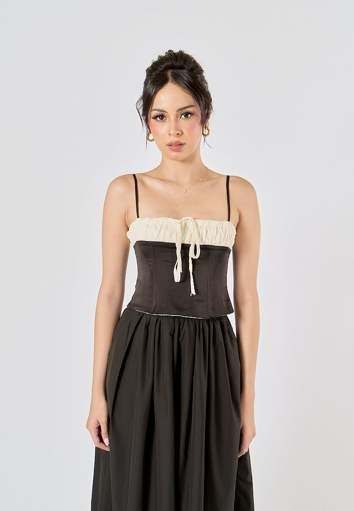 Ferris Black White Patchwork Design Front Lace up Crop Tank Top