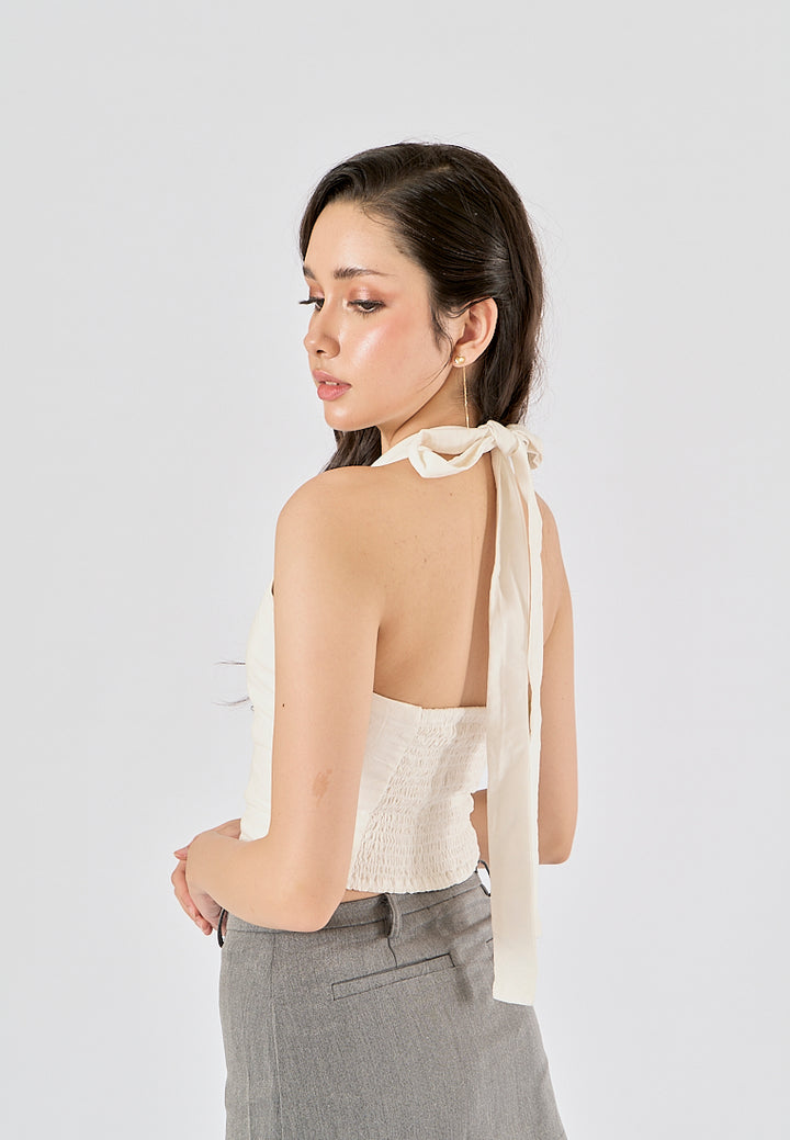 Farren In Oat Self  Tie Back Hollow Out  Halter Tank Top