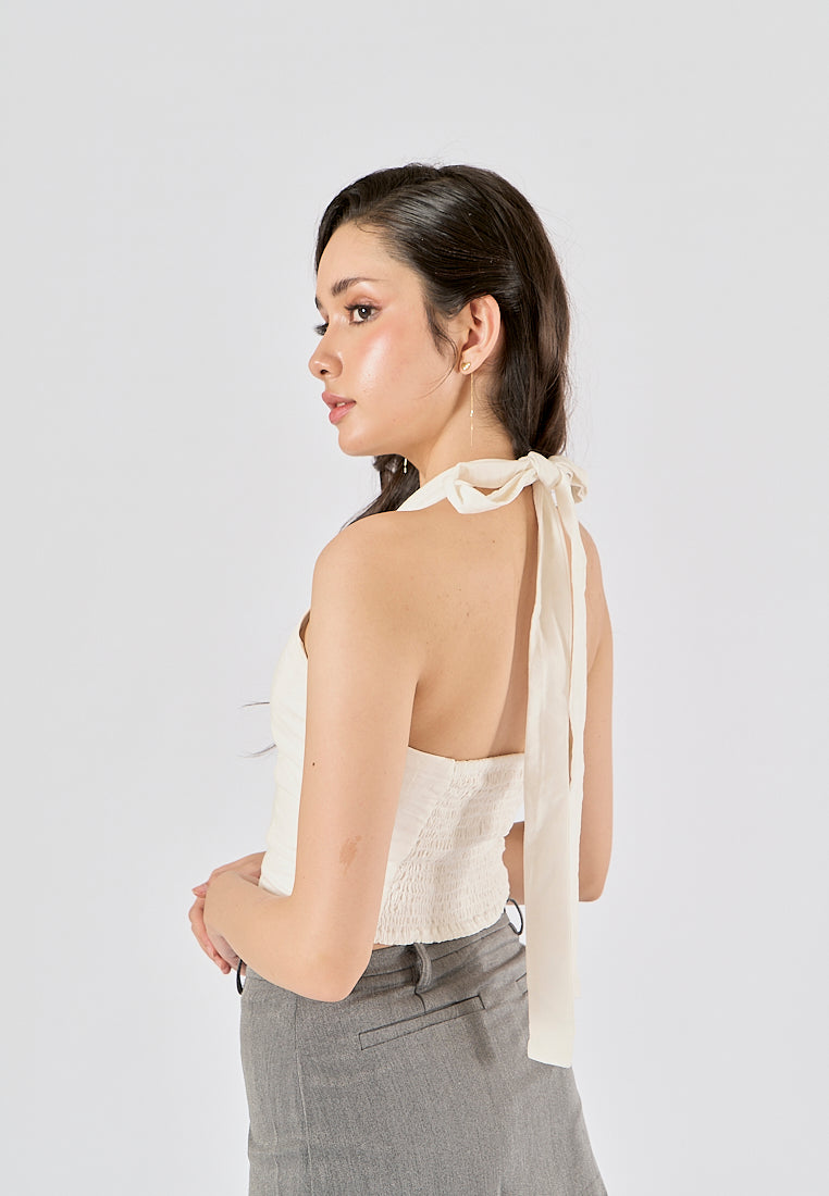 Farren In Oat Self  Tie Back Hollow Out  Halter Tank Top